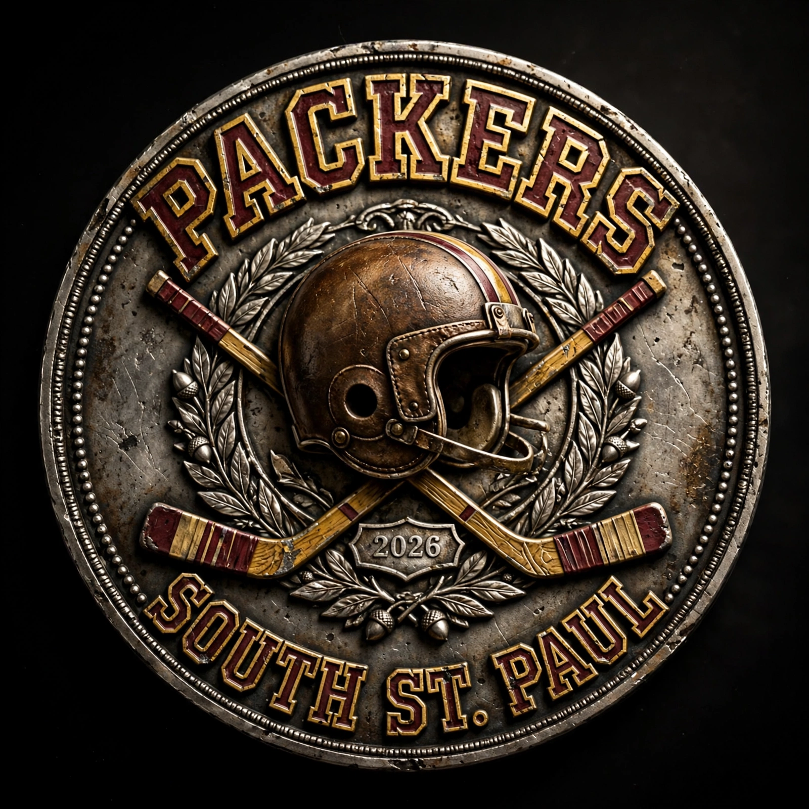 Back of the South St. Paul challenge coin: a vintage Packers helmet and crossed hockey sticks