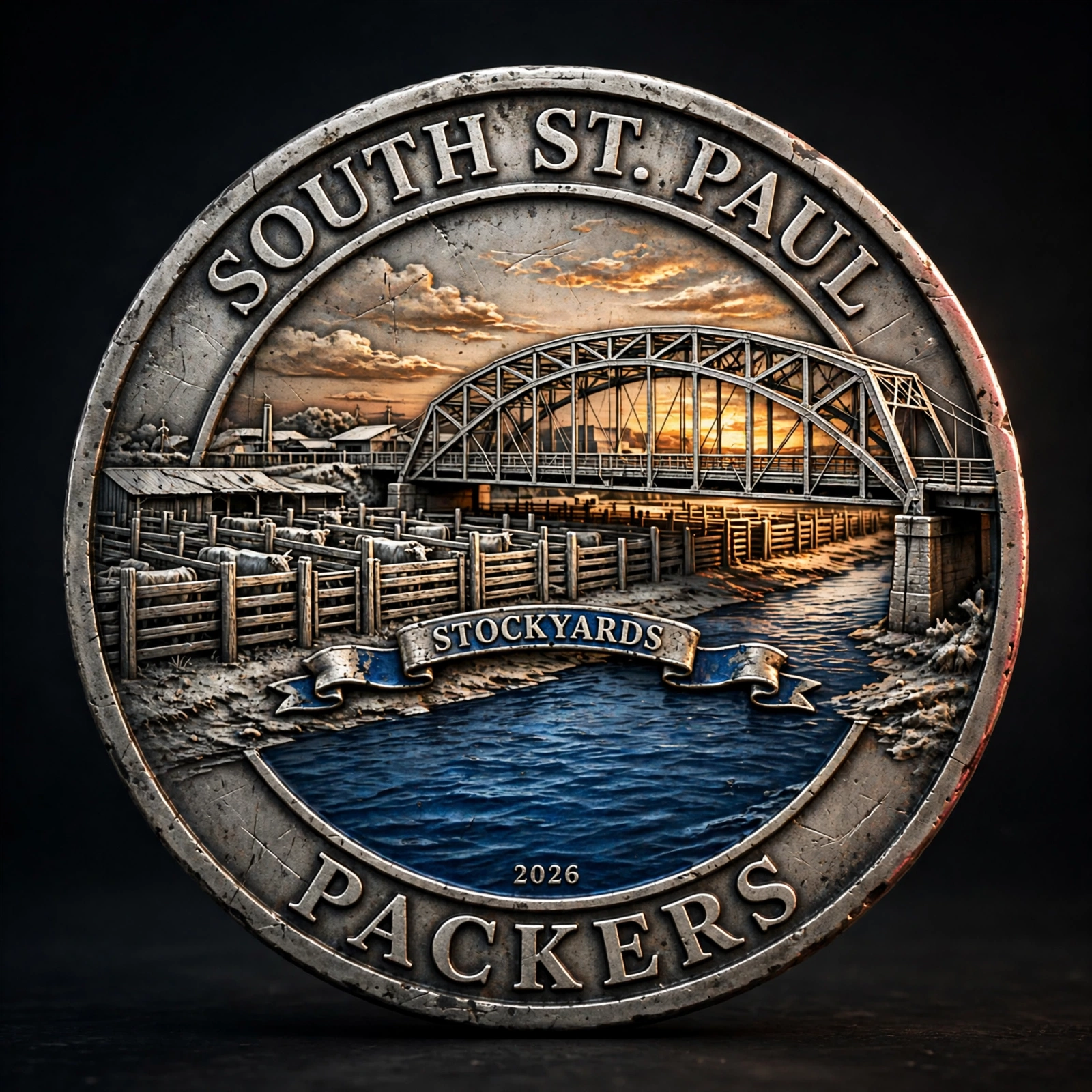 Front of the South St. Paul challenge coin: the historic stockyards and river bridge at sunset